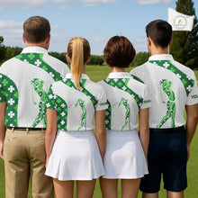 Load image into Gallery viewer, Personalized Green shamrock pattern golf white Mens golf polo shirt custom St Patrick's Day golf gift NQS11260