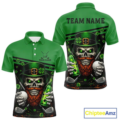 Green St Patrick Skull Golf and Beer Polo Golf shirts for Men Custom Team Mens Golf attire NQS11475