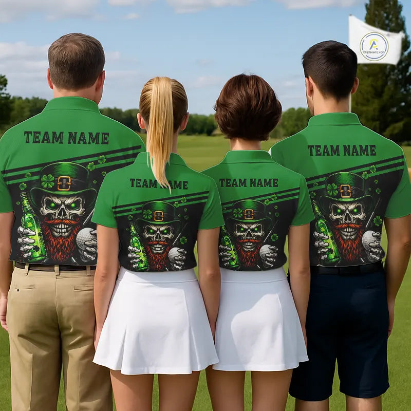 Green St Patrick Skull Golf and Beer Polo Golf shirts for Women Custom Team Ladies Golf attire NQS11475