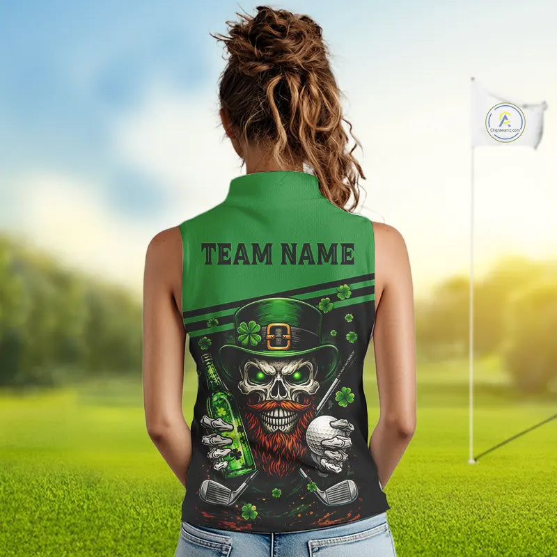 Green St Patrick Skull Golf and Beer Sleeveless Golf shirts for Women Custom Team Ladies Golf attire NQS11475