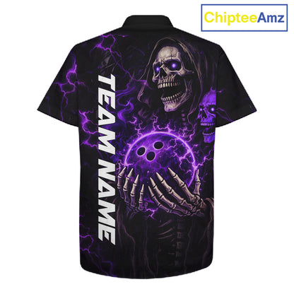 Personalized Skull Bowling Hawaiian Shirt Custom Team's Name Black and Purple Flame Bowler Jerseys NQS11659