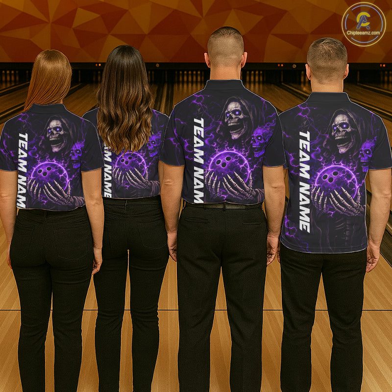 Personalized Skull Bowling Shirt For Women Custom Team's Name Black and Purple Flame Bowler Jerseys NQS11659