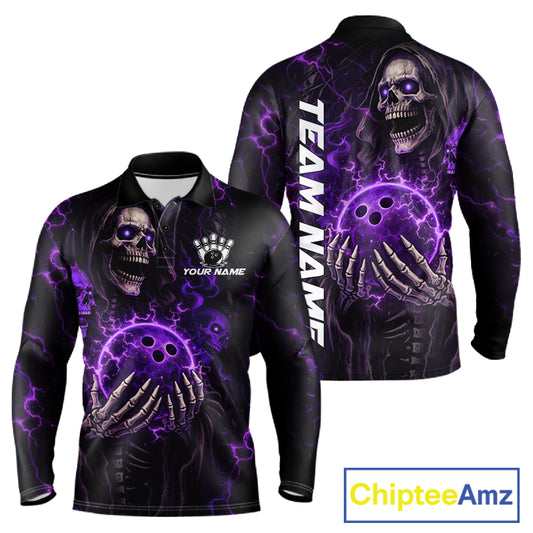 Personalized Skull Bowling Shirt For Men Custom Team's Name Black and Purple Flame Bowler Jerseys NQS11659