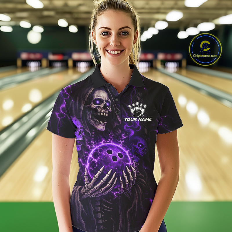 Personalized Skull Bowling Shirt For Women Custom Team's Name Black and Purple Flame Bowler Jerseys NQS11659