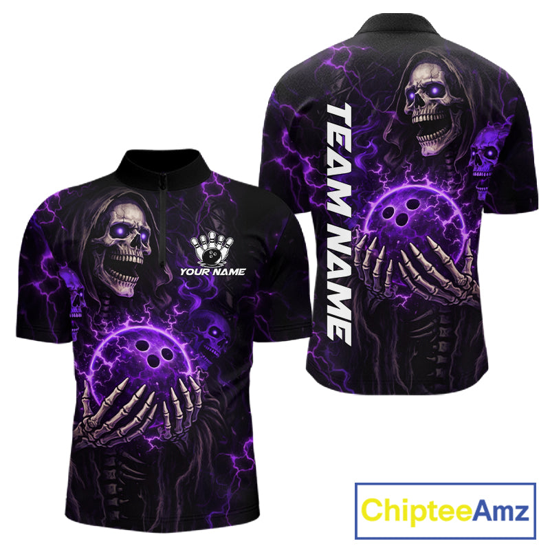 Personalized Skull Bowling Shirt For Men Custom Team's Name Black and Purple Flame Bowler Jerseys NQS11659