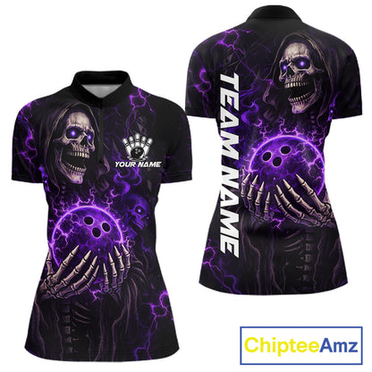 Personalized Skull Bowling Shirt For Women Custom Team's Name Black and Purple Flame Bowler Jerseys NQS11659