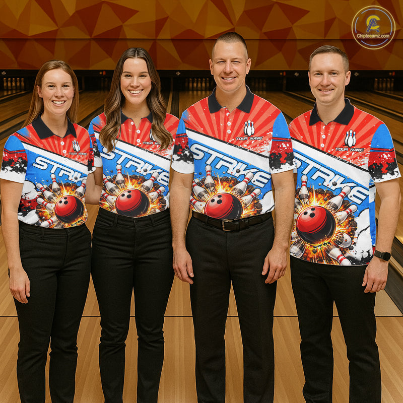 Funny Bowling Boom Strike Bowling Shirt For Women Custom Red, White & Blue retro Team Bowling Jerseys NQS11661