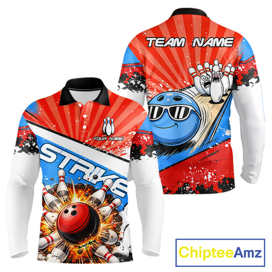Funny Bowling Boom Strike Bowling Shirt For Men Custom Red, White and Blue retro Team Bowling Jerseys NQS11661