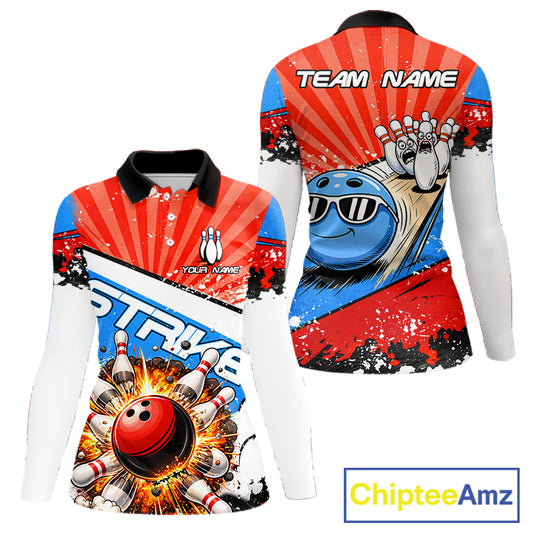 Funny Bowling Boom Strike Bowling Shirt For Women Custom Red, White & Blue retro Team Bowling Jerseys NQS11661
