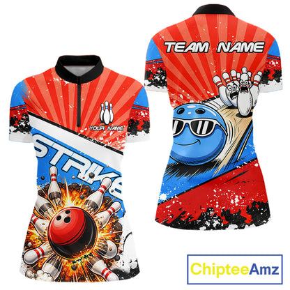Funny Bowling Boom Strike Bowling Shirt For Women Custom Red, White & Blue retro Team Bowling Jerseys NQS11661