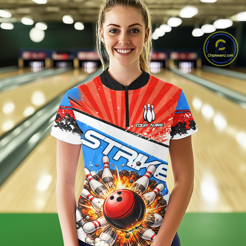 Funny Bowling Boom Strike Bowling Shirt For Women Custom Red, White & Blue retro Team Bowling Jerseys NQS11661