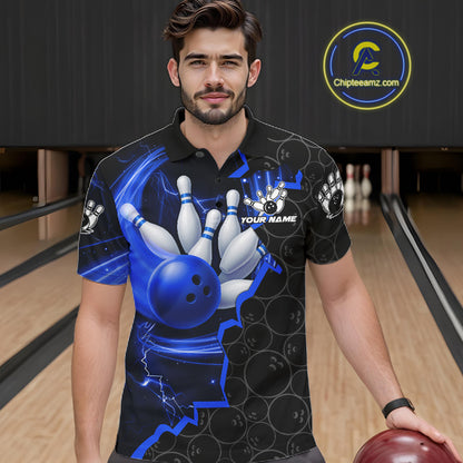 Black and Blue Camo Bowling Polo, 1/4 Zip Shirts For Men Custom Bowling Team Jersey, Bowler Outfit NQS11750