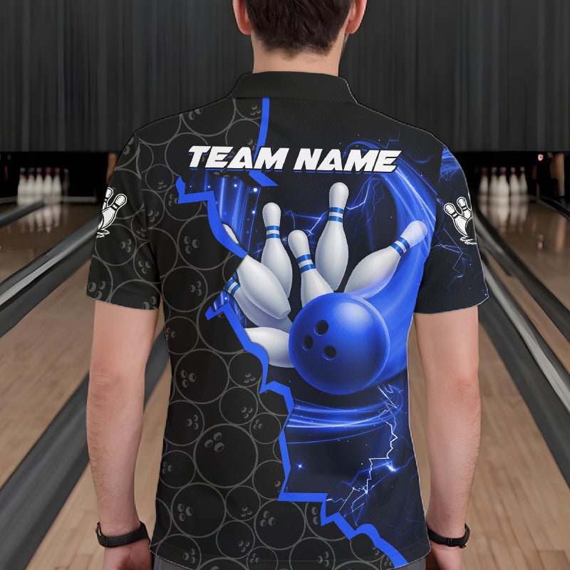 Black and Blue Camo Bowling Polo, 1/4 Zip Shirts For Men Custom Bowling Team Jersey, Bowler Outfit NQS11750