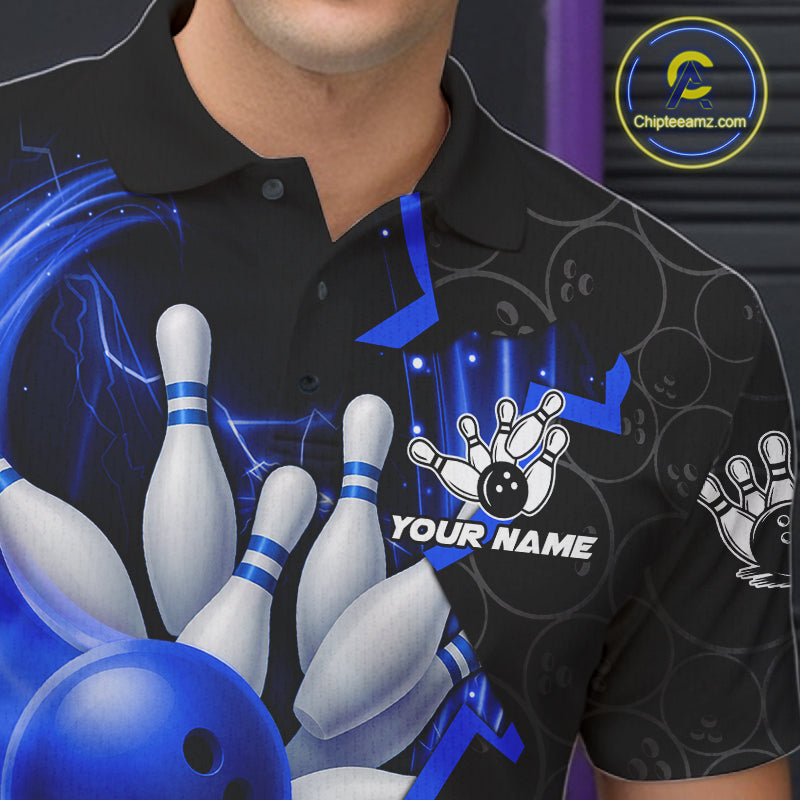 Black and Blue Camo Bowling Polo, 1/4 Zip Shirts For Men Custom Bowling Team Jersey, Bowler Outfit NQS11750