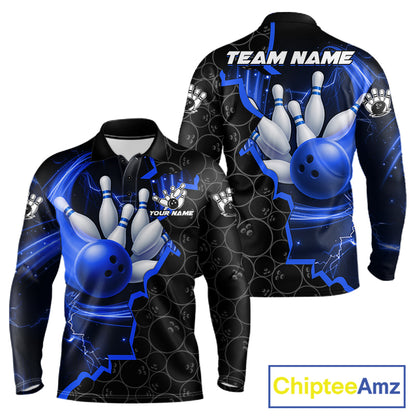 Black and Blue Camo Bowling Polo, 1/4 Zip Shirts For Men Custom Bowling Team Jersey, Bowler Outfit NQS11750