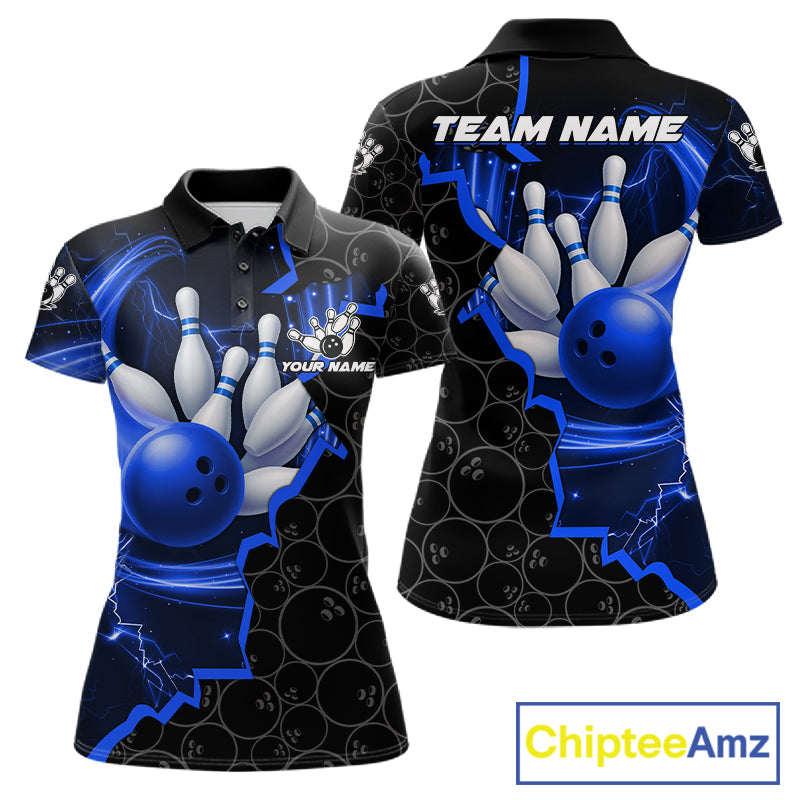Black and Blue Camo Bowling Polo, 1/4 Zip Shirts For Women Custom Bowling Team Jersey, Bowler Outfit NQS11750