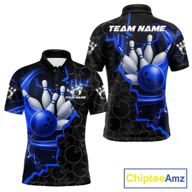 Black and Blue Camo Bowling Polo, 1/4 Zip Shirts For Men Custom Bowling Team Jersey, Bowler Outfit NQS11750
