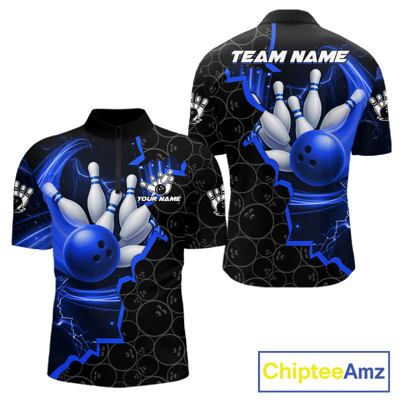 Black and Blue Camo Bowling Polo, 1/4 Zip Shirts For Men Custom Bowling Team Jersey, Bowler Outfit NQS11750