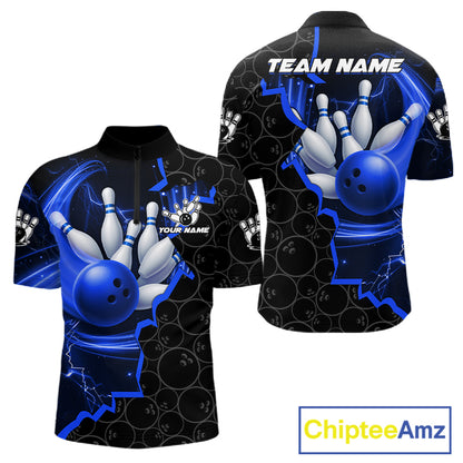 Black and Blue Camo Bowling Polo, 1/4 Zip Shirts For Men Custom Bowling Team Jersey, Bowler Outfit NQS11750