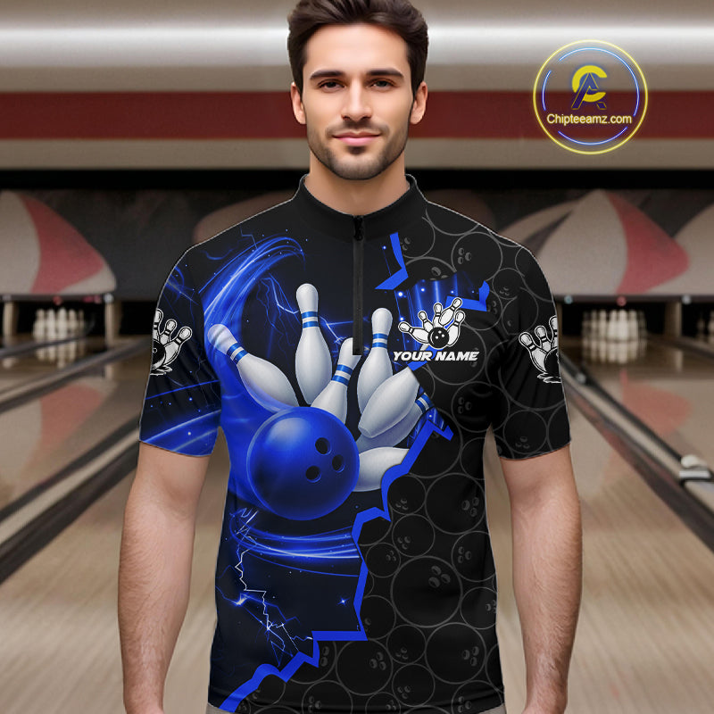 Black and Blue Camo Bowling Polo, 1/4 Zip Shirts For Men Custom Bowling Team Jersey, Bowler Outfit NQS11750