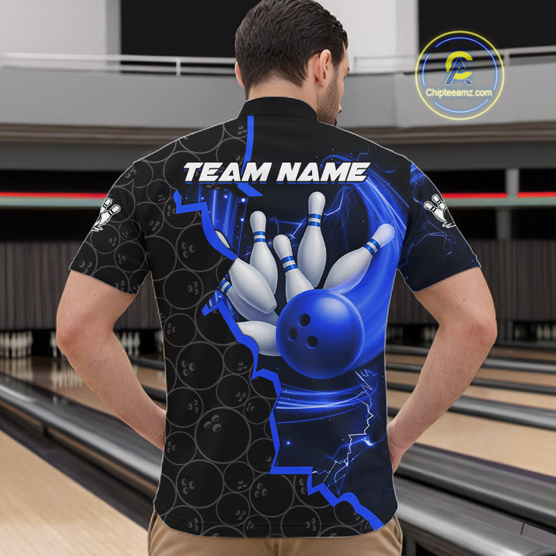 Black and Blue Camo Bowling Polo, 1/4 Zip Shirts For Men Custom Bowling Team Jersey, Bowler Outfit NQS11750