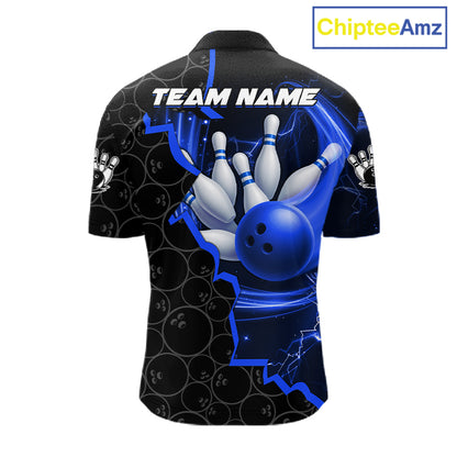 Black and Blue Camo Bowling Polo, 1/4 Zip Shirts For Men Custom Bowling Team Jersey, Bowler Outfit NQS11750