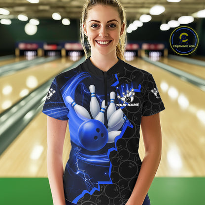 Black and Blue Camo Bowling Polo, 1/4 Zip Shirts For Women Custom Bowling Team Jersey, Bowler Outfit NQS11750