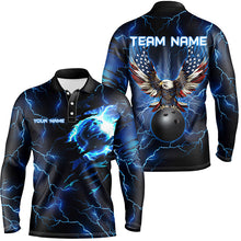 Load image into Gallery viewer, Blue lightning thunder bowling American flag Eagle custom Men Bowling Polo Shirts, team bowler jerseys NQS7489