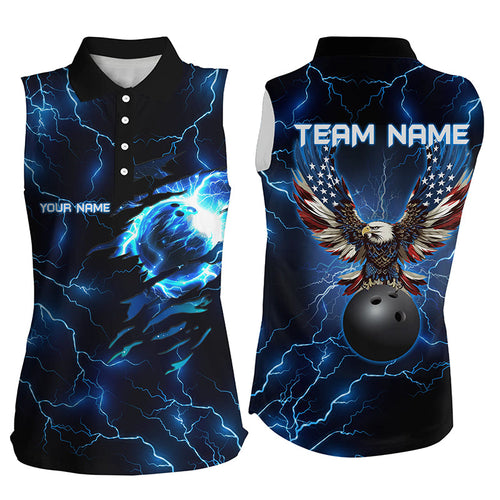 Blue lightning thunder bowling American flag Eagle custom Women sleeveless Polo Shirt, team jerseys NQS7489