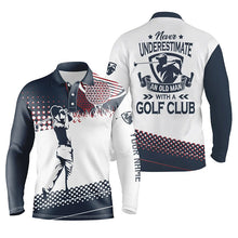 Load image into Gallery viewer, Blue and white Mens golf polo shirts custom name Never underestimate an old man with a golf club NQS5752