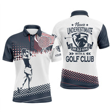 Load image into Gallery viewer, Blue and white Mens golf polo shirts custom name Never underestimate an old man with a golf club NQS5752