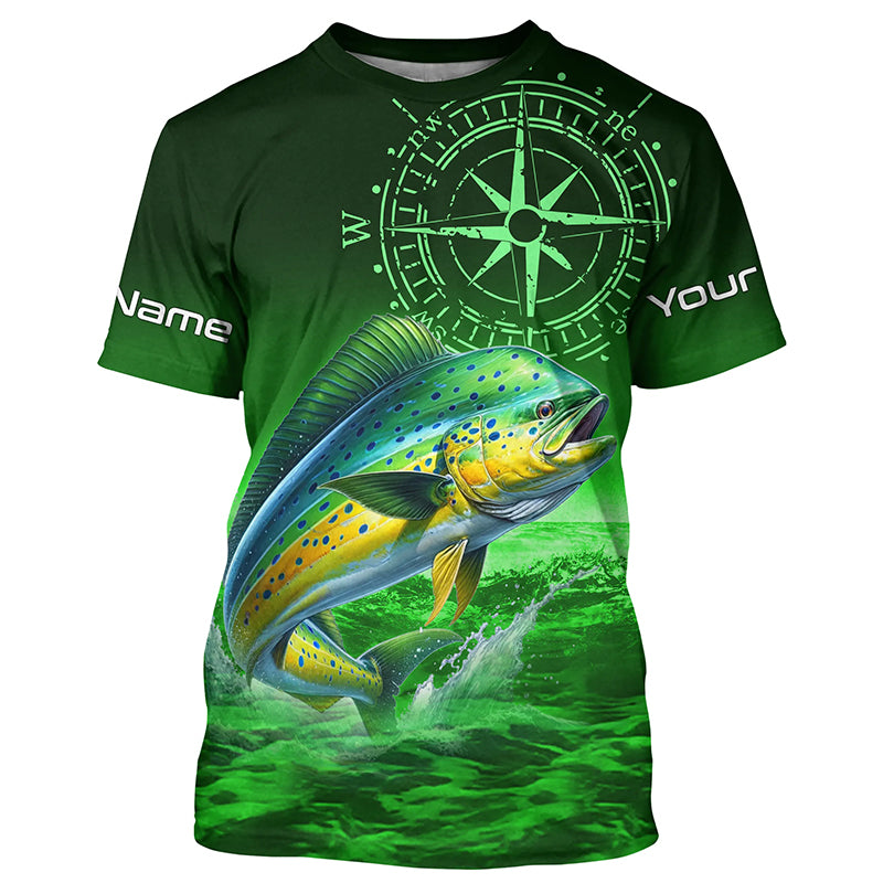 Personalized Mahi mahi Green Long Sleeve Performance Fishing Shirts, Dorado compass tournament Shirts NQS5951