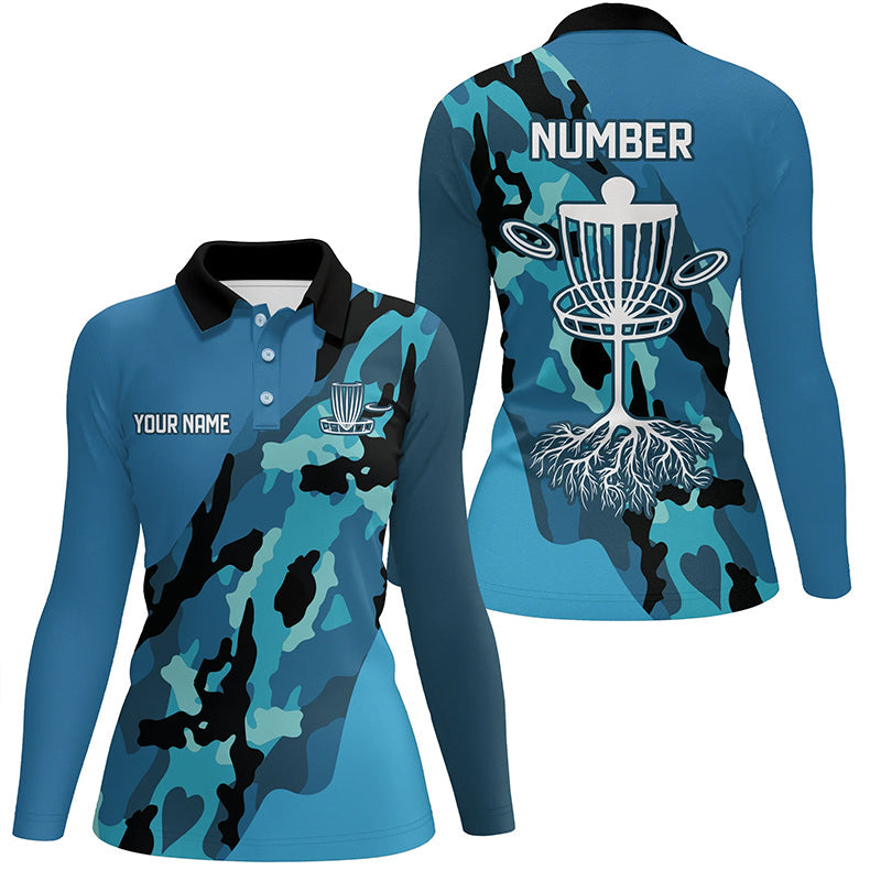 Blue Camo Women Golf Polo Shirt custom name and number disc golf team jerseys, disc golf shirts NQS8491
