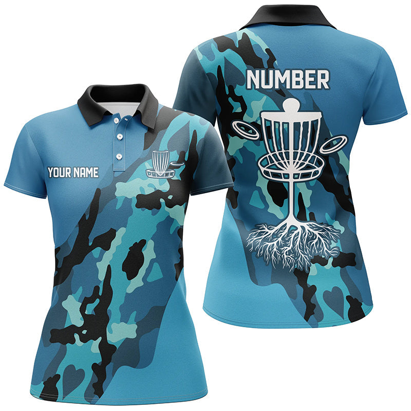 Blue Camo Women Golf Polo Shirt custom name and number disc golf team jerseys, disc golf shirts NQS8491