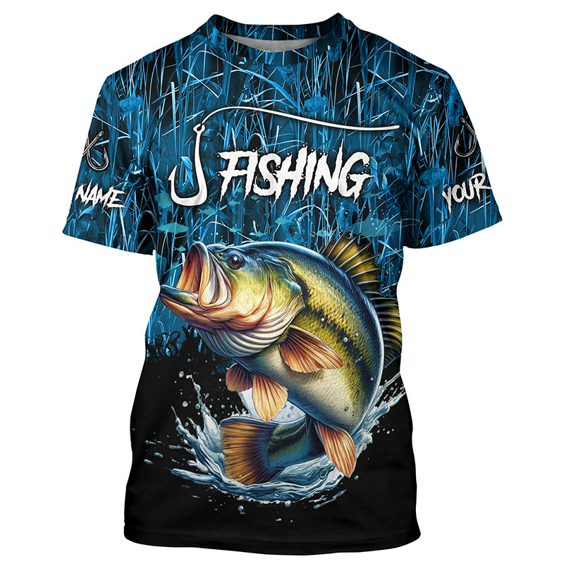 Largemouth bass Fish blue camo fishing Custom name long sleeves fishing shirts NQS4142