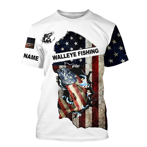 American flag Walleye patriotic fishing UV long sleeve shirts Custom name fishing apparel NQS2513