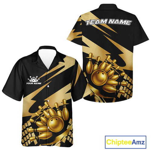 Black and Gold Hawaiian Bowling Jerseys Custom Team bowling button up shirt, gift for bowlers NQS11069