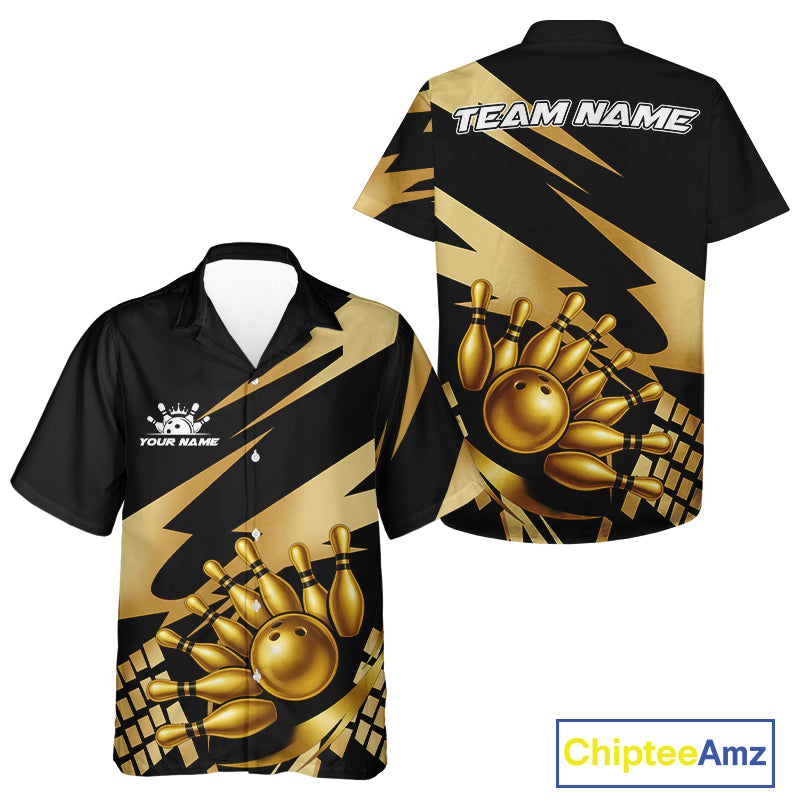 Black and Gold Hawaiian Bowling Jerseys Custom Team bowling button up shirt, gift for bowlers NQS11069