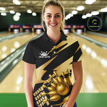 Load image into Gallery viewer, Black and Gold Bowling Polo, Quarter Zip Shirt For Women Custom Team bowling jersey, gift for bowlers NQS11069
