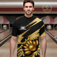 Load image into Gallery viewer, Black and Gold Bowling Polo, Quarter Zip Shirts For Men Custom Team bowling jerseys, gift for bowlers NQS11069