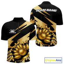 Load image into Gallery viewer, Black and Gold Bowling Polo, Quarter Zip Shirts For Men Custom Team bowling jerseys, gift for bowlers NQS11069