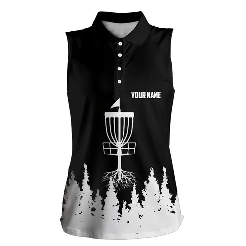 Black and White Womens Disc golf sleeveless polo shirts custom name disc golf jerseys NQS9195