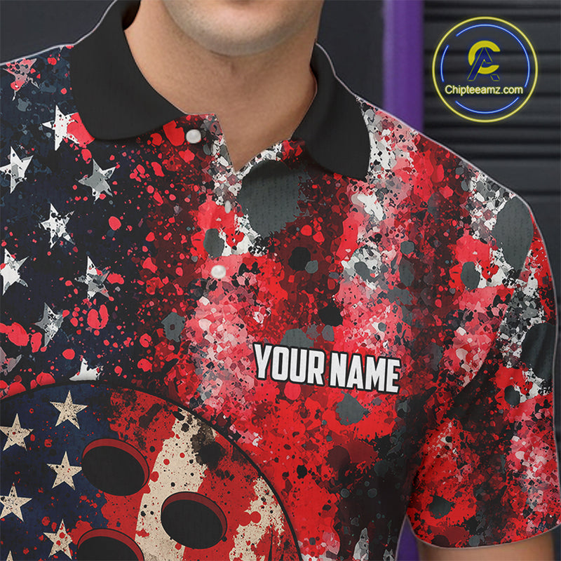 Red, White & Blue American Flag Skull Bowling shirts For Men Custom patriotic Team Bowling Jersey NQS11275
