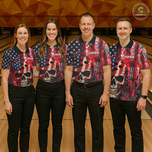 Load image into Gallery viewer, Red, White &amp; Blue American Flag Skull Bowling shirts For Women Custom patriotic Team Bowling Jersey NQS11275