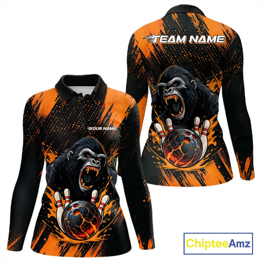 Black and Orange pattern Angry Gorilla Bowling shirts For Women Custom Gorilla Team Bowling Jerseys NQS11278