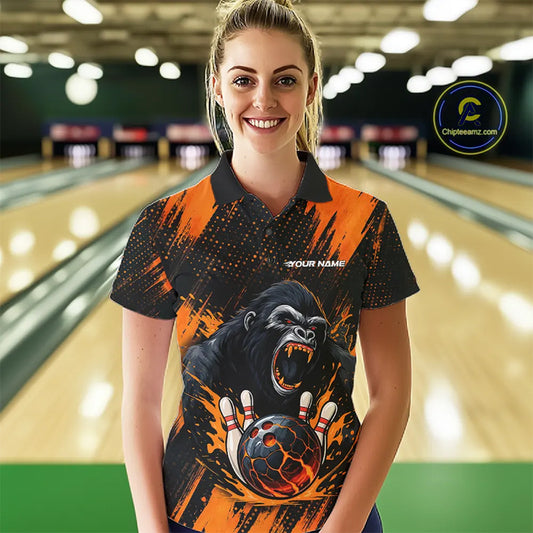 Black and Orange pattern Angry Gorilla Bowling shirts For Women Custom Gorilla Team Bowling Jerseys NQS11278