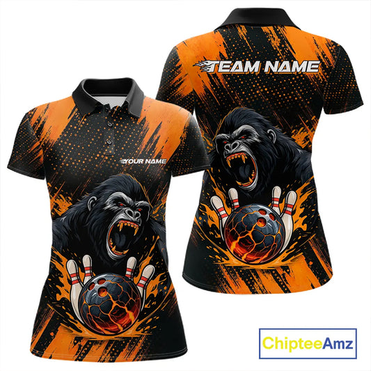 Black and Orange pattern Angry Gorilla Bowling shirts For Women Custom Gorilla Team Bowling Jerseys NQS11278