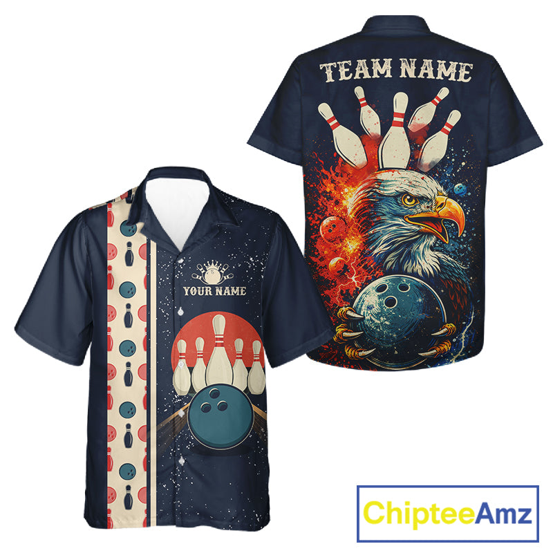 Custom Red, white and blue Eagle Retro Bowling Hawaiian Shirt, Bowling Team button-up shirt NQS11666