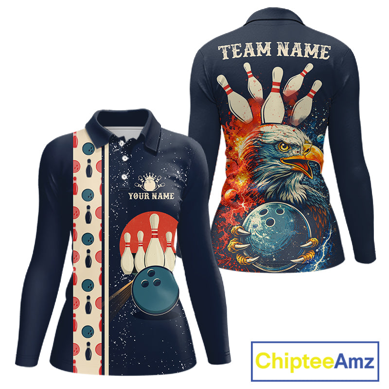 Custom Red, white and blue Eagle Retro Bowling Polo, 1/4 zip Shirts For Women, Bowling Team jerseys NQS11666