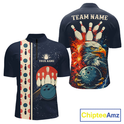 Custom Red, white and blue Eagle Retro Bowling Polo, 1/4 zip Shirts For Men, Bowling Team jerseys NQS11666